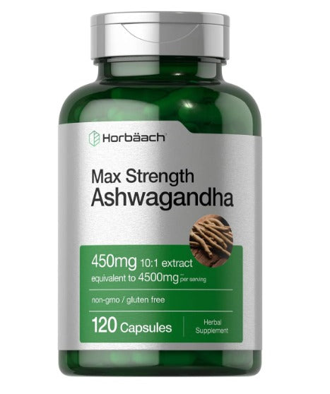 ASHWAGANDHA 4,500 MG + EXTRACTO DE PIMIENTA NEGRA 18 MG HORBAACH 120 CAPSULAS SIN GMO BLACK PEPPER EXTRACT