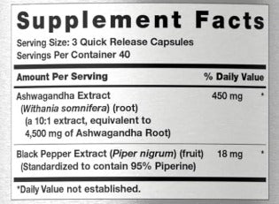 ASHWAGANDHA 4,500 MG + EXTRACTO DE PIMIENTA NEGRA 18 MG HORBAACH 120 CAPSULAS SIN GMO BLACK PEPPER EXTRACT