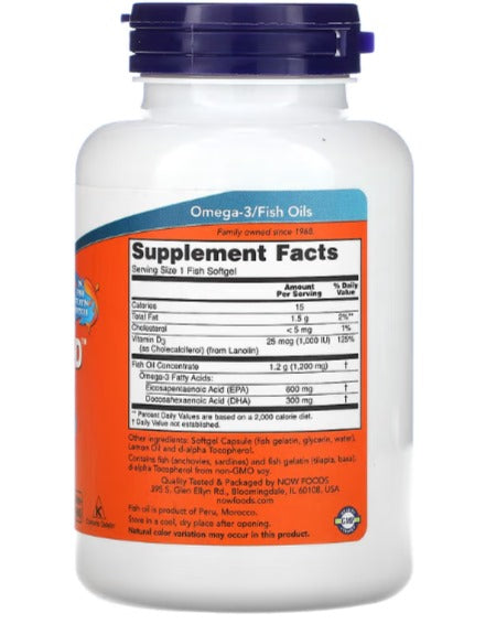 NOW Foods, Ultra Omega 3-D, 600 EPA/300 DHA, 90 cápsulas blandas de pescado