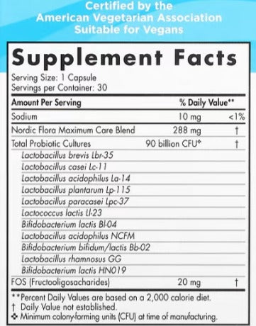 Nordic Naturals, Probiótico Nordic Flora, Cuidado máximo, 90.000 millones de UFC, 30 cápsulas