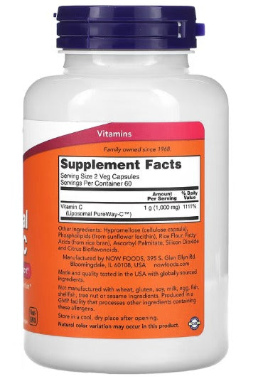 NOW Foods, Vitamina C liposomal, 1000 mg, 120 cápsulas vegetales