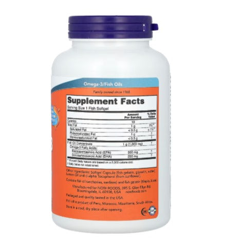 NOW Foods, Ultra Omega-3, Ácido eicosapentaenoico: 500/Ácido docosahexaenoico: 250, 180 cápsulas blandas de pescado